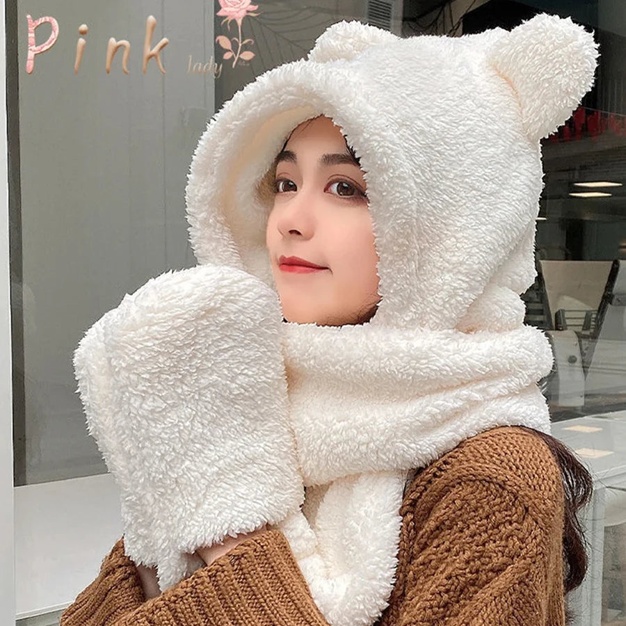 Cute Bear Ear Hat Fashion Winter Warm Comforts Polyester Thickened Plush Hoodie Hat Scarf Gloves Set Girl Kawaii Warm Casual Hat