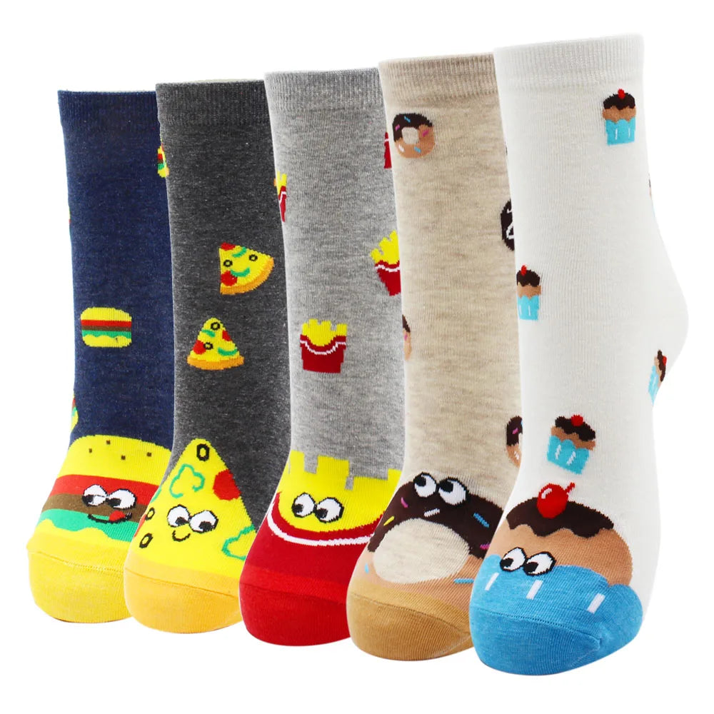5 Pairs New Fashion Colorful Harajuku Korean Kawaii Cute Women Socks Cat Dog Owl Stripe Avocado Girl Cotton Cartoon Socks