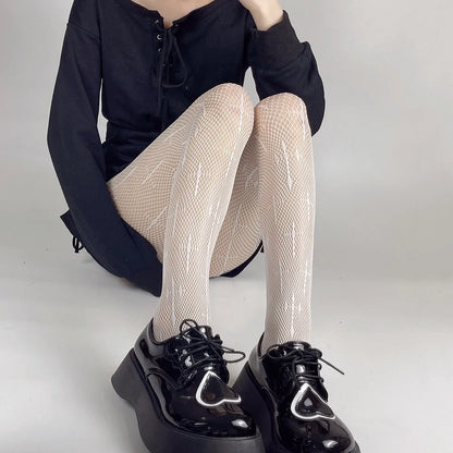 Kawaii Gothic Hollow Out Pantyhose Lolita Bow Knot Fishnet Stockings Women Spicy Girl Black White Sexy Thin Ins Tide Lace Tights