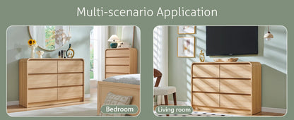 Modern 6 Drawers Dresser, 47" Wide Wood Dressers & Chests of Drawers w/Curved Profile Design, Natural Texture for Bedroom.