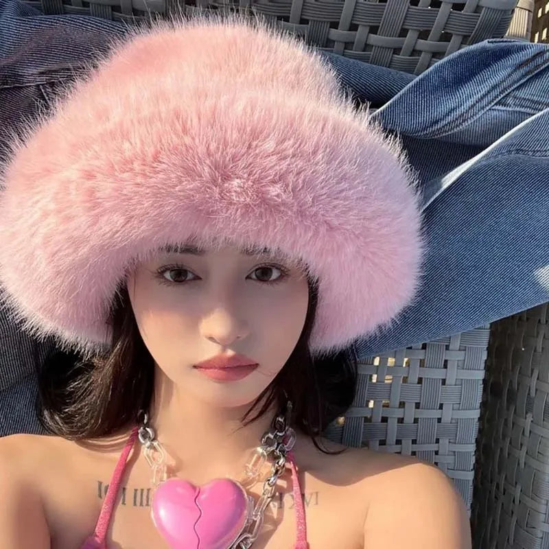 2024 Fluffy Faux Fur Bucket Hats Women Rabbit Fur Warm Thick Plush Winter Hat Lady Fashion Luxury Panama Furry Fisherman Cap Y2k