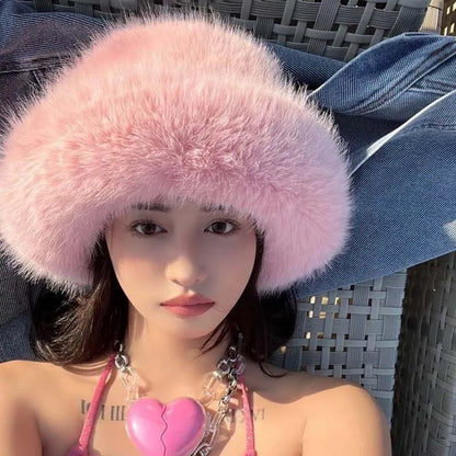 2024 Fluffy Faux Fur Bucket Hats Women Rabbit Fur Warm Thick Plush Winter Hat Lady Fashion Luxury Panama Furry Fisherman Cap Y2k