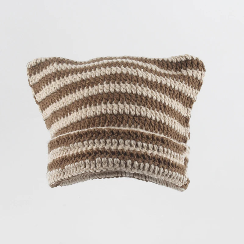 New Japanese Streetwear Harajuku Beanie Little Devil Striped Knitted Hat Women Girls Autumn Winter Cute Cat Ears Cap