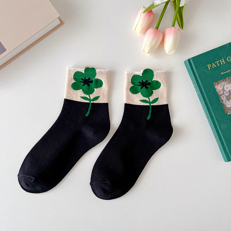 Women Socks Flower Rabbit Pattern Cute Kawaii Japanese Korean Style Cotton Harajuku Funny Breathable Casual Spring Floral Socks