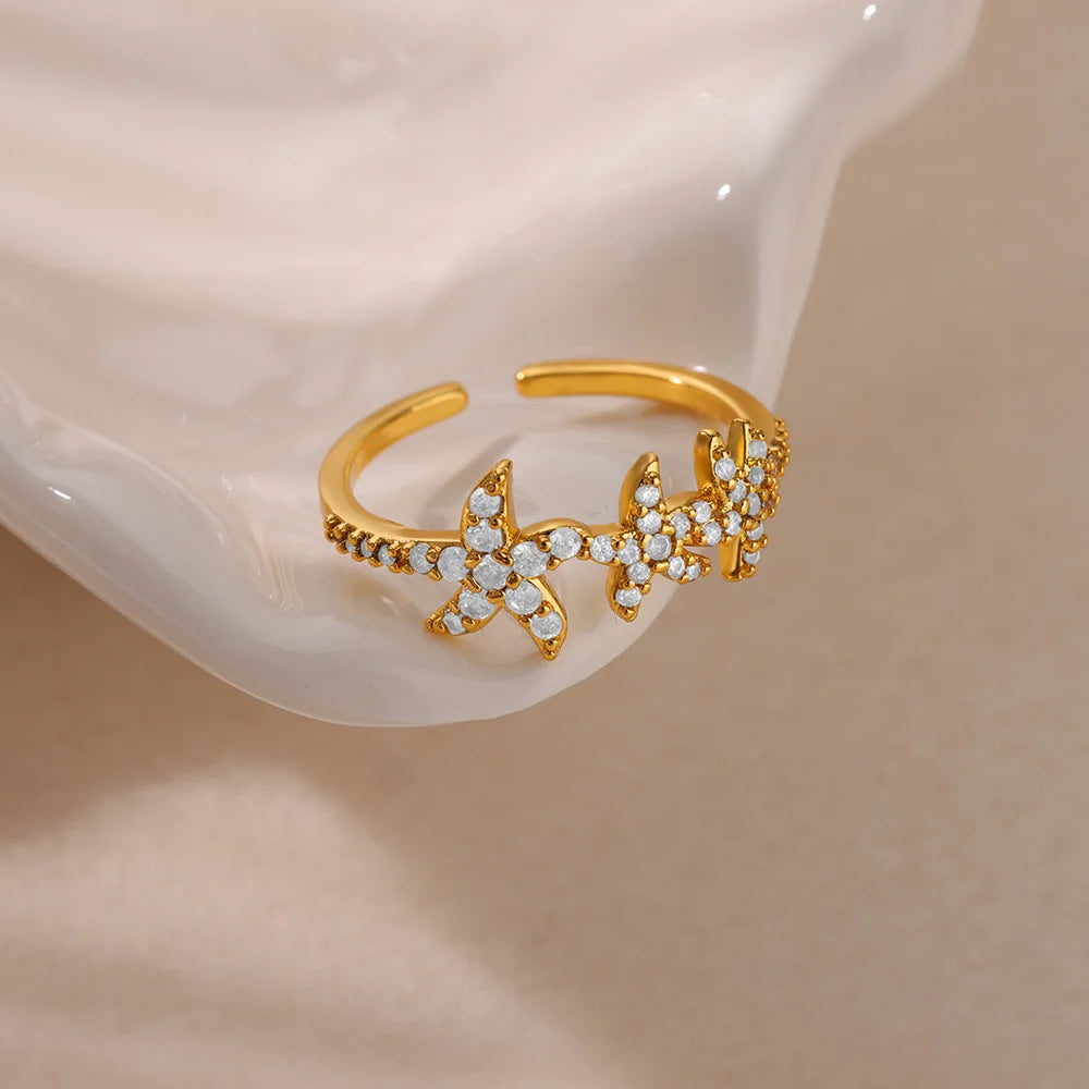 Dainty Zircon Shell Starfish Turtle Evil Eye Rings Stainless Steel Ring Women Anti Fading Golden Charm Jewelry Accessories Gifts