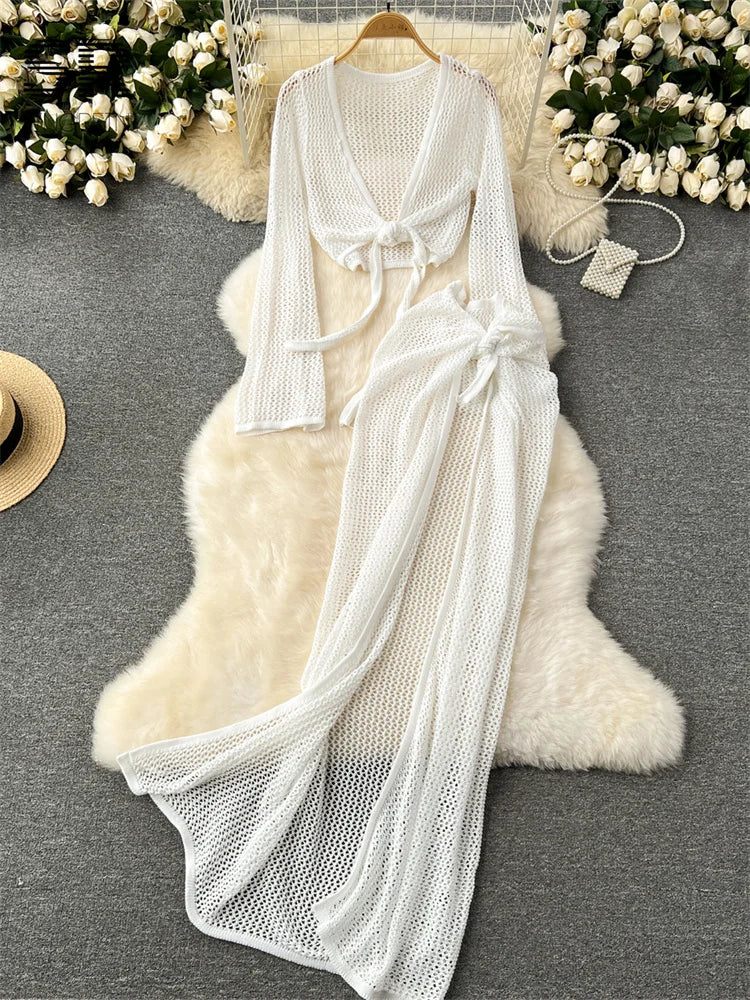 SINGREINY Vacation Two Piece Set Women Long Sleeve V Neck Short Top Adjustable Waist Split Long Skirt Knit Summer Beach Suit