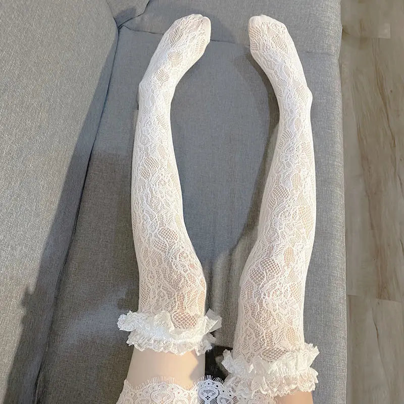 Women Sexy Lace Top Floral Rattan Fishnet Stockings Long Tube Mesh Over Knee Body Stockings Thigh High Hosiery Goth Long Socks