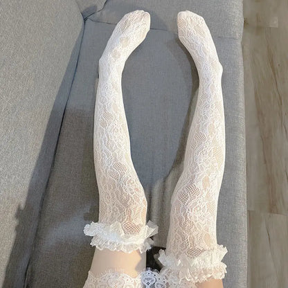 Women Sexy Lace Top Floral Rattan Fishnet Stockings Long Tube Mesh Over Knee Body Stockings Thigh High Hosiery Goth Long Socks