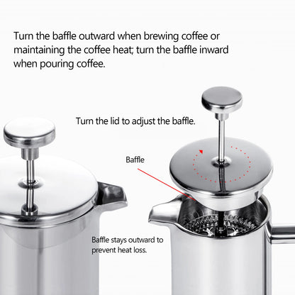 French Press Pot Filter Press Hand-made Coffee Pot Stainless Steel High Quality Double Walled Insulated 350ml/800ml/1000ml