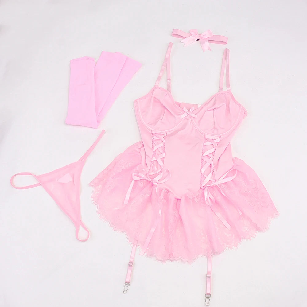 Ellolace Fancy Sexy Lingerie Girly Pink Corset Dress With Stocking g-String Tightening Matching 5-Piece Sissy Lace Onlyfans Kit