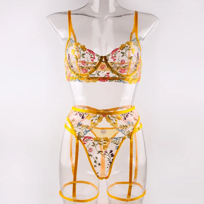 Ellolace Lingerie Sensual Lace Underwear Transparent Embroidery 3-Piece Garters Fancy Beautiful Short Skin Care Kits Intimate
