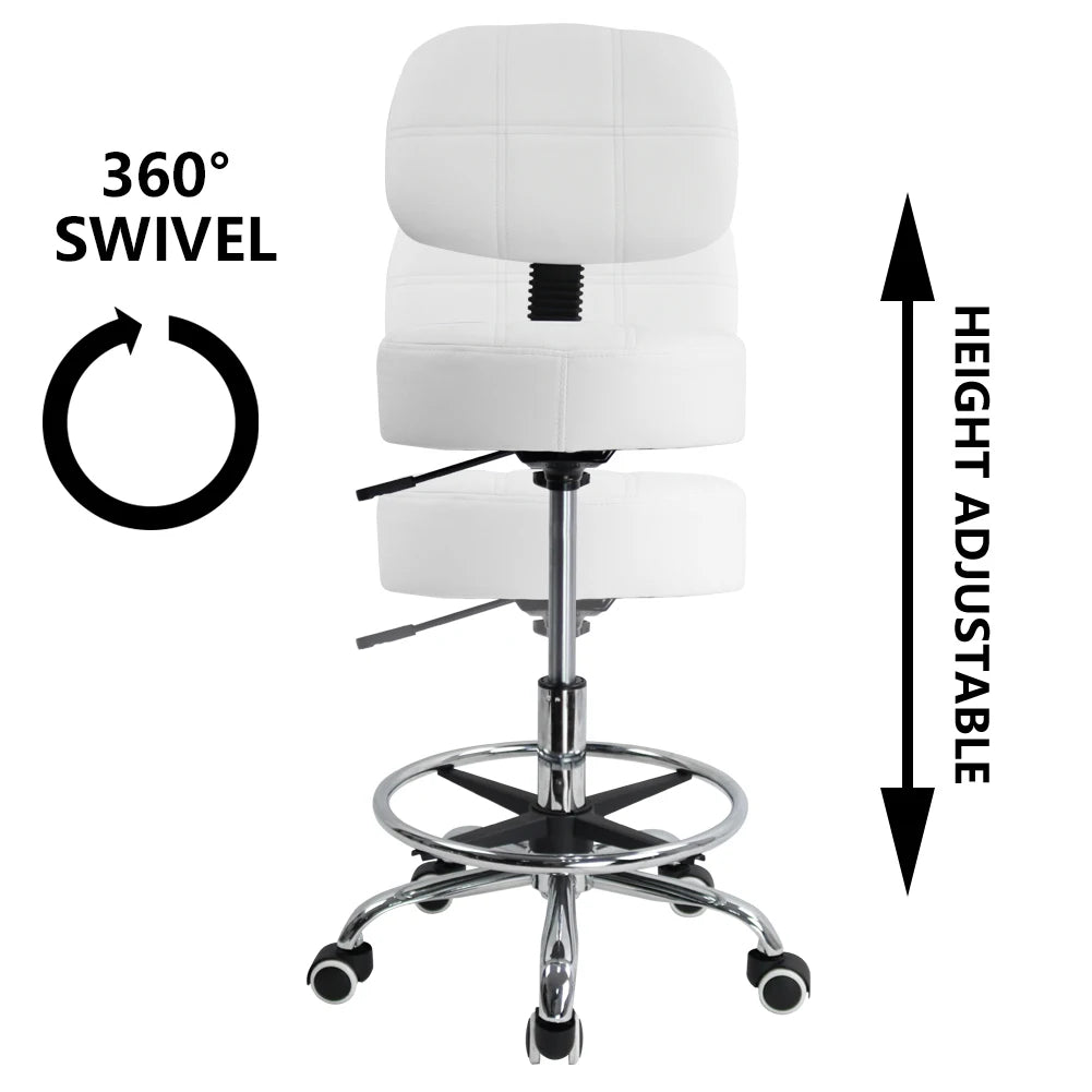 KKTONER Swivel Round Rolling Stool PU Leather with Adjustable Foot Rest Height Adjustable Task Work Drafting Chair with Back