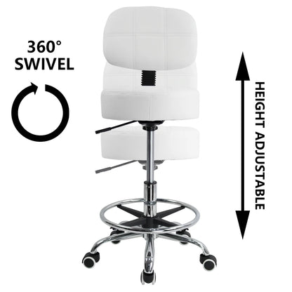 KKTONER Swivel Round Rolling Stool PU Leather with Adjustable Foot Rest Height Adjustable Task Work Drafting Chair with Back