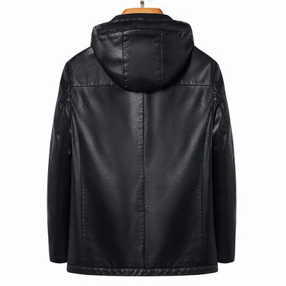 2024 High Quality Hooded Leather Fashion Handsome Trend Solid Color Casual Dad Dad Motorcycle Leather Jacket Upscale  M-4XL
