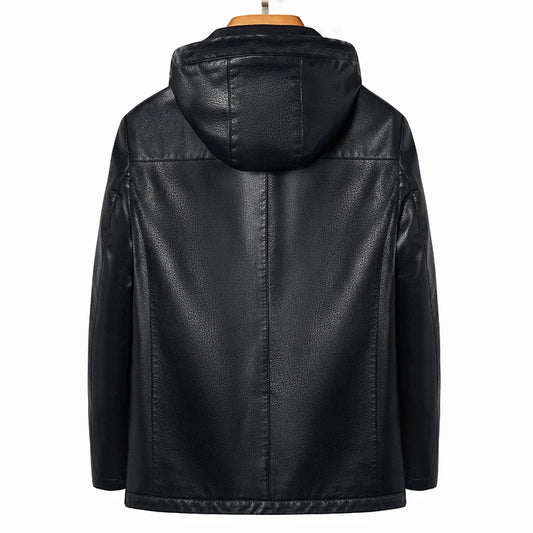 2024 High Quality Hooded Leather Fashion Handsome Trend Solid Color Casual Dad Dad Motorcycle Leather Jacket Upscale  M-4XL