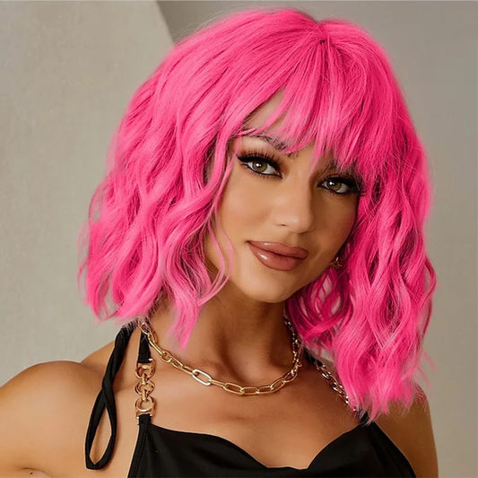 HAIRJOY Synthetic  Hair Women Pink BOB Wigs Short Curly  Heat Resistant Party Wig