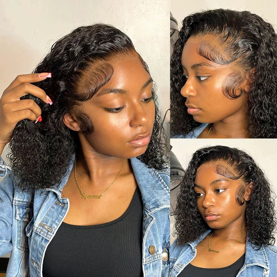 200 Density Short Curly Bob Deep Water Wave Wigs 100% Human Hair 13x4 Transparent Lace Frontal Wig 4x4 Lace Front Wig 12 14 Inch