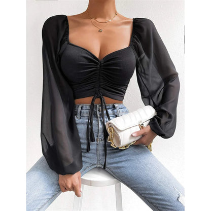S-3XL Mesh Lantern Sleeves Drawstring Wrap Chest Bare Midriff T-Shirt Women Long Sleeve Ruched Blouse Sexy Crop Top Tee K5995