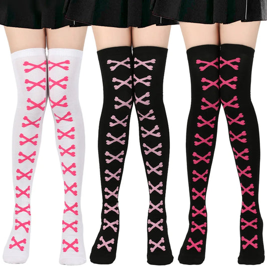Womens Bone Thigh High Stockings Ladies Halloween Girls Black White Pink Long Over Above Knee Socks Tall Funny Cosplay Harajuku