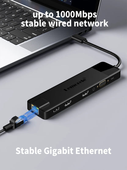 Lemorele 4K USB Hub USB C to Dual HDMI VGA Gigabit Docking Station USB 3.0 VGA Adapter SD Card Readers  for Windows MacBook Air
