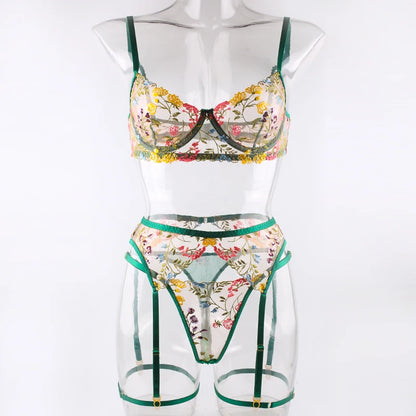 Ellolace Lingerie Sensual Lace Underwear Transparent Embroidery 3-Piece Garters Fancy Beautiful Short Skin Care Kits Intimate