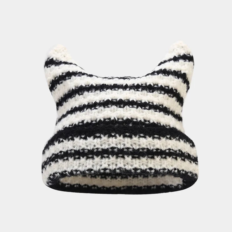 New Japanese Streetwear Harajuku Beanie Little Devil Striped Knitted Hat Women Girls Autumn Winter Cute Cat Ears Cap