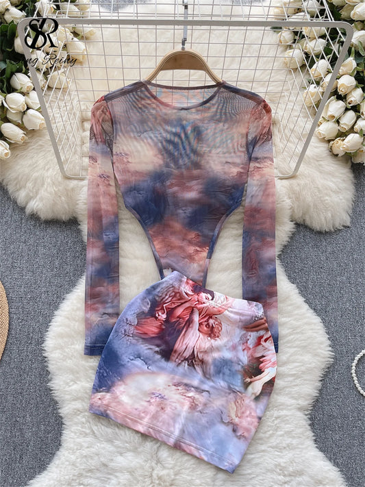 SINGREINY Fashion Hotsweet Two Pieces Suits O Neck Long Sleeved Transparent BodySuit Top+ Skinny Mini Skirt Tie Dye Print Sets