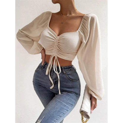 S-3XL Mesh Lantern Sleeves Drawstring Wrap Chest Bare Midriff T-Shirt Women Long Sleeve Ruched Blouse Sexy Crop Top Tee K5995