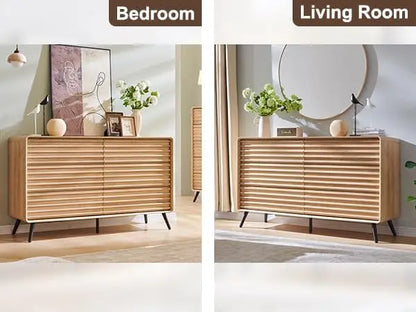 6 Drawers Dresser for Bedroom, 54'' Wide Mid Century Modern Wood Fluted Double Dresser, Chest of Drawers with Tapered Leg
