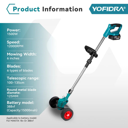 YOFIDRA 100-135cm Electric Lawn Mower Foldable Trimmer Pruning Cutting Garden Power Tool For 21V 18V Battery With 2 Battery