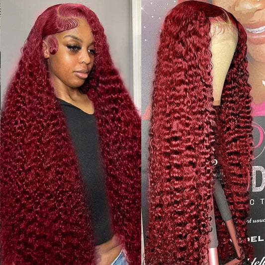 40 Inch 99j Burgundy 13x6 Hd Lace Frontal Human Hair Wig Red Colored Remy Wig 13x4 Transparent Lace Curly Deep Wave Frontal Wig