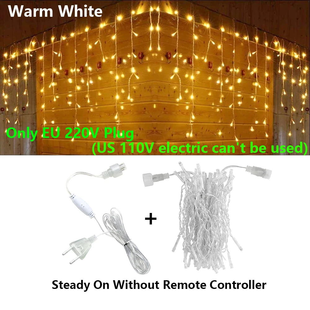 3.5-40M LED Icicle String Lights Christmas Curtain Fairy Lights Garland Remote Outdoor For New Year Wedding Street Holiday Decor