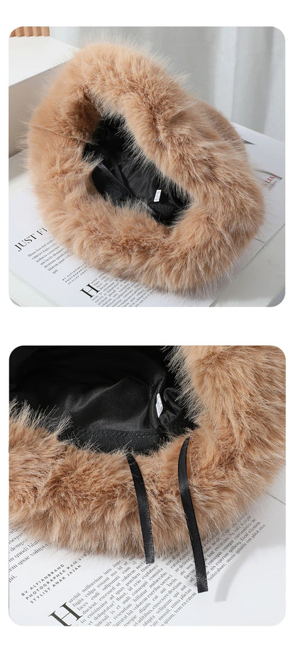 2024 Fluffy Faux Fur Bucket Hats Women Rabbit Fur Warm Thick Plush Winter Hat Lady Fashion Luxury Panama Furry Fisherman Cap Y2k