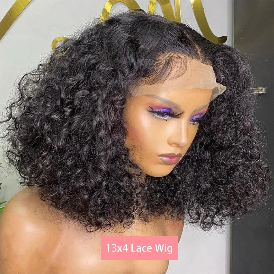 200 Density Short Curly Bob Deep Water Wave Wigs 100% Human Hair 13x4 Transparent Lace Frontal Wig 4x4 Lace Front Wig 12 14 Inch
