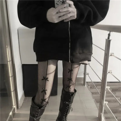 Kawaii Gothic Hollow Out Pantyhose Lolita Bow Knot Fishnet Stockings Women Spicy Girl Black White Sexy Thin Ins Tide Lace Tights
