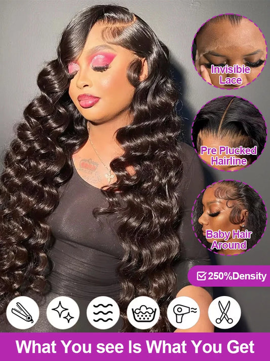 HD 13x6 Loose Nature Wave Lace Front Human Hair Wigs 250% Transparent 30 40 Inch 13x4 360 Full Deep Water Wave Lace Frontal Wig