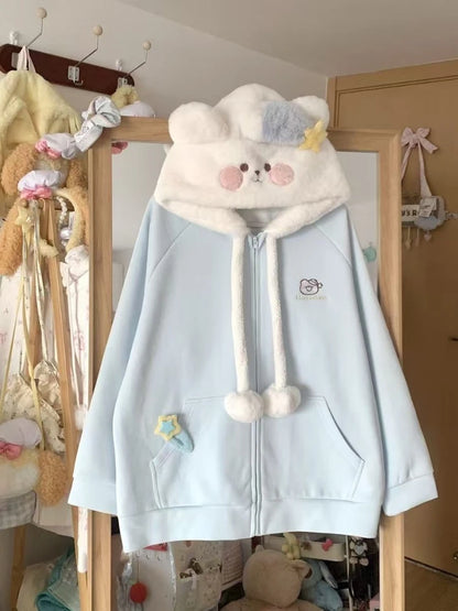 Vintage Kawaii Long Sleeve Loose Coat with Hooded Women Japanese Cute Zipper Sweatshirts Female Casual Y2k Jacket Overcoat Chic