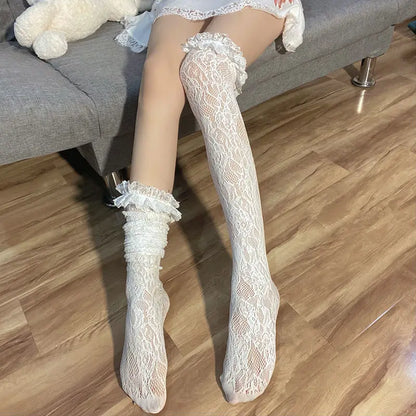 Women Sexy Lace Top Floral Rattan Fishnet Stockings Long Tube Mesh Over Knee Body Stockings Thigh High Hosiery Goth Long Socks
