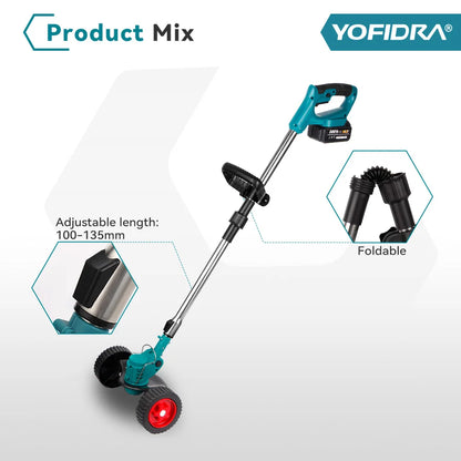 YOFIDRA 100-135cm Electric Lawn Mower Foldable Trimmer Pruning Cutting Garden Power Tool For 21V 18V Battery With 2 Battery