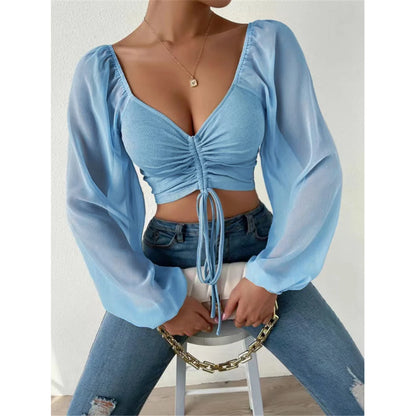 S-3XL Mesh Lantern Sleeves Drawstring Wrap Chest Bare Midriff T-Shirt Women Long Sleeve Ruched Blouse Sexy Crop Top Tee K5995