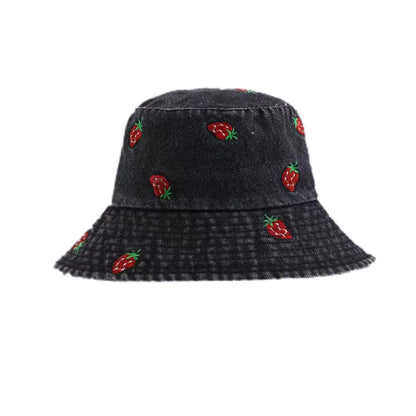Spring Summer Strawberry Embroidery Denim Jeans Bucket Hat Legent Fisherman Hats for Women Foldable Sport Sun Beach Panama Caps