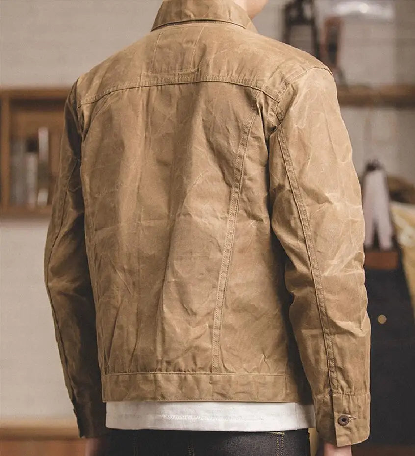 Maden Vintage Men's Canvas Oil Wax Jackets Khaki Multi-pocket Lapel Collar Single-breasted Jacket Windbreaker for Male Outwear