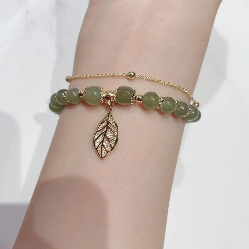 Double Layer Light Green Stone Gold Color Chain Bead Bracelelt For Women New Fashion Leaf Charm Strand Bracelet Daily Wear