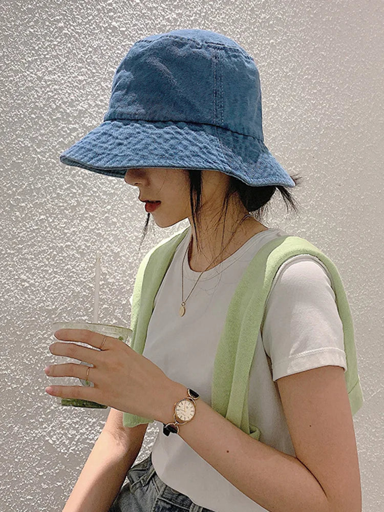 Retro Washed Cowboy Bucket Hat Women Men Wide Brim Sunhat Spring Summer Solid Color Denim Panama Fisherman Cap