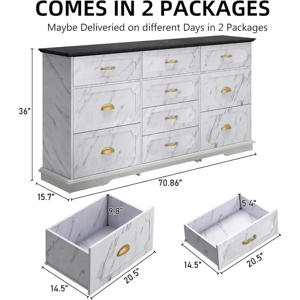70inch Large Long Dresser w/Charging Station,10 Drawer Dresser w/Deep Big Drawers, Wooden Chest of Drawers w/Power Outlet