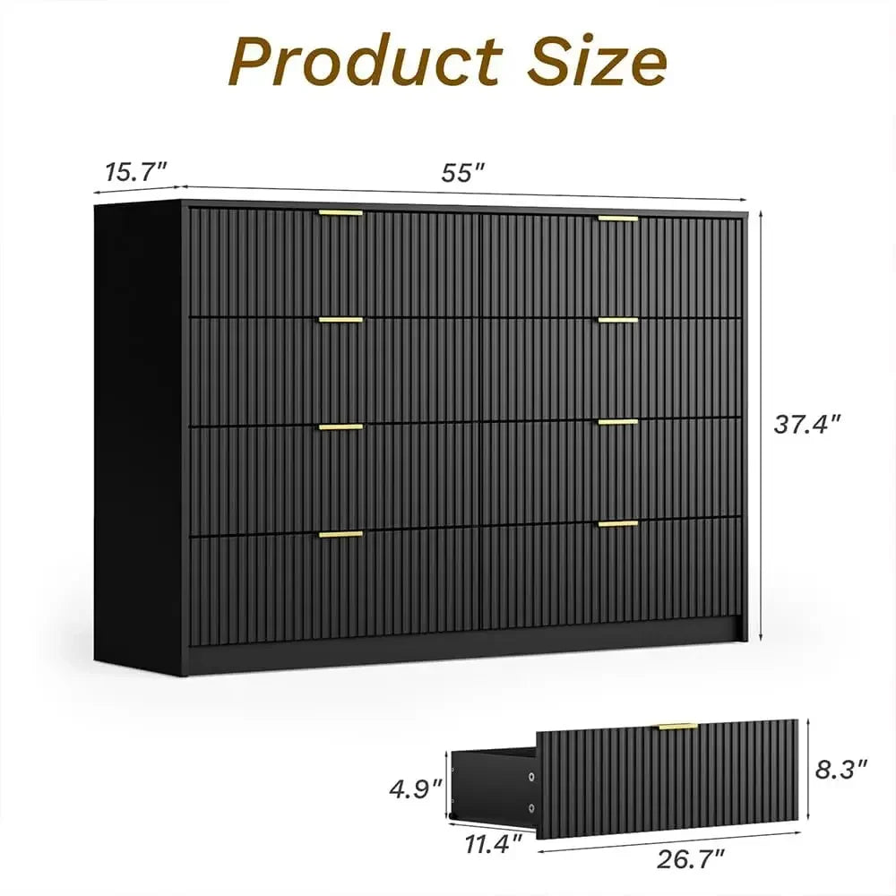 55" Wide Dresser Bedroom, Fluted 8-Drawer Double Dresser with Gold Handles, Modern Tall Chest of Drawers for Bedroom, Dressers