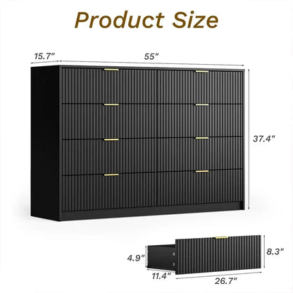 55" Wide Dresser Bedroom, Fluted 8-Drawer Double Dresser with Gold Handles, Modern Tall Chest of Drawers for Bedroom, Dressers