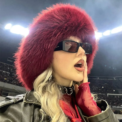 2024 Fluffy Faux Fur Bucket Hats Women Rabbit Fur Warm Thick Plush Winter Hat Lady Fashion Luxury Panama Furry Fisherman Cap Y2k