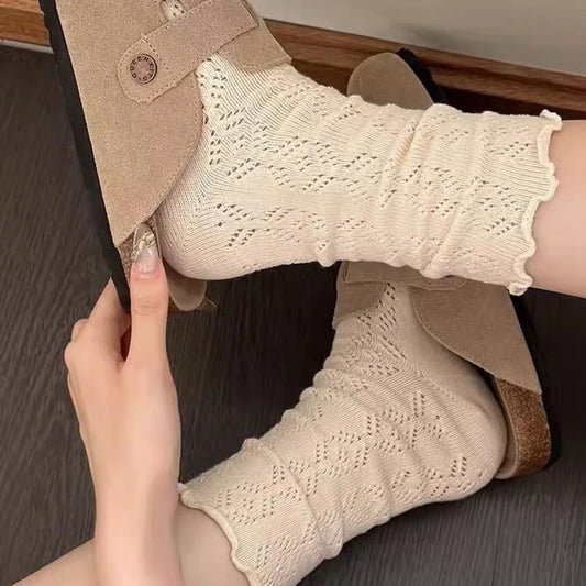 Retro Hollow Socks for Women Black Beige Mid-tube Hollow Loose Socks for Female Casual Sweet Girls Fashion Long Pile Stocking