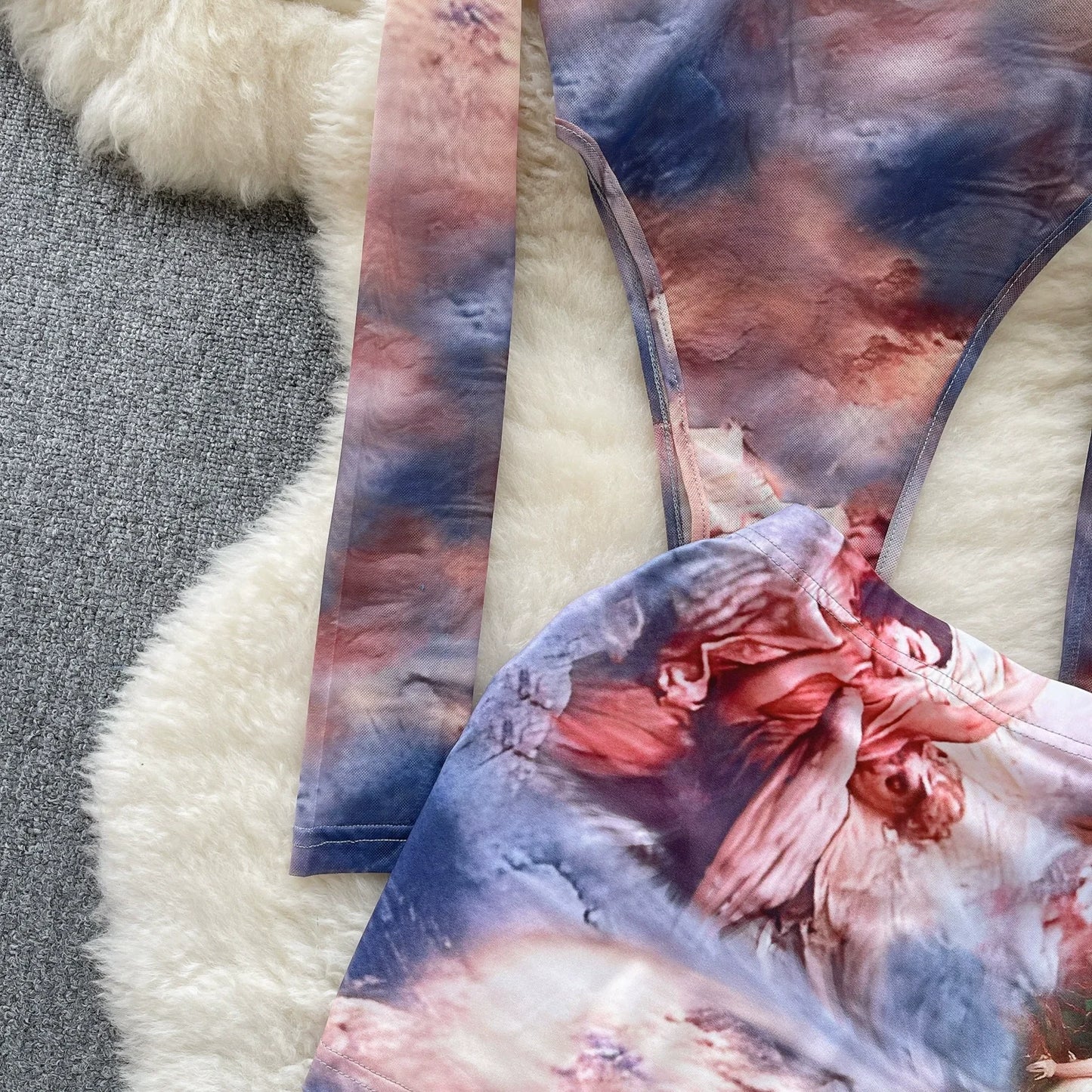 SINGREINY Fashion Hotsweet Two Pieces Suits O Neck Long Sleeved Transparent BodySuit Top+ Skinny Mini Skirt Tie Dye Print Sets
